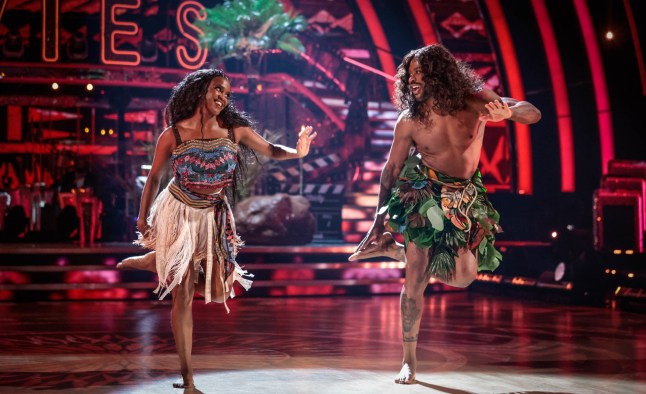 EMBARGOED TO 2100 SATURDAY OCTOBER 9 For use in UK, Ireland or Benelux countries only BBC undated handout photo of Oti Mabuse, Ugo Monye during the live show of BBC One's Strictly Come Dancing 2021 on Saturday. Picture date: Saturday October 9, 2021. PA Photo. See PA story SHOWBIZ Strictly. Photo credit should read: Guy Levy/BBC/PA Wire NOTE TO EDITORS: Not for use more than 21 days after issue. You may use this picture without charge only for the purpose of publicising or reporting on current BBC programming, personnel or other BBC output or activity within 21 days of issue. Any use after that time MUST be cleared through BBC Picture Publicity. Please credit the image to the BBC and any named photographer or independent programme maker, as described in the caption.