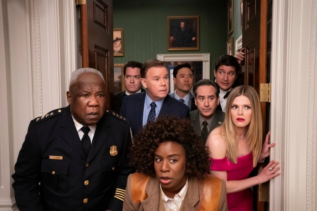 The Residence. (L to R) Isiah Whitlock Jr. as Larry Dokes, Dan Perrault as Colin Trask, Spencer Garrett as Wally Glick, Uzo Aduba as Cordelia Cupp, Randall Park as Edwin Park, Andrew Friedman as Irv Samuelson, Ken Marino as Harry Hollinger, Molly Griggs as Lilly Schumacher in episode 101 of The Residence. Cr. Erin Simkin/Netflix ?? 2024