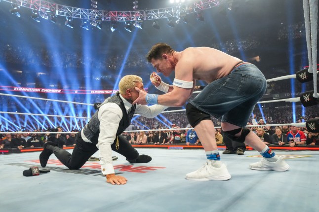 TORONTO, CANADA - MARCH 01: John Cena in action against Cody Rhodes during WWE Elimination Chamber at Rogers Centre on March 1, 2025 in Toronto, Canada. (Photo by Rich Freeda/WWE via Getty Images)