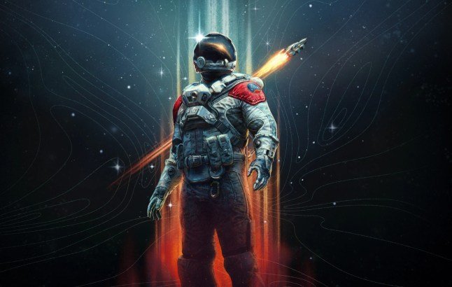 Starfield key art showing a character in a space suit, in front of a rocket flying through the starry night sky.