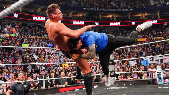 2025 Royal Rumble winner Jey Uso hits a Spear on World Heavyweight Champion GUNTHER during Monday Night Raw on Netflix