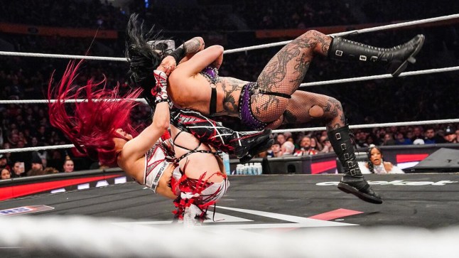 WWE Women's World Champion Iyo Sky hits a backstabber on Rhea Ripley during Monday Night Raw on Netflix