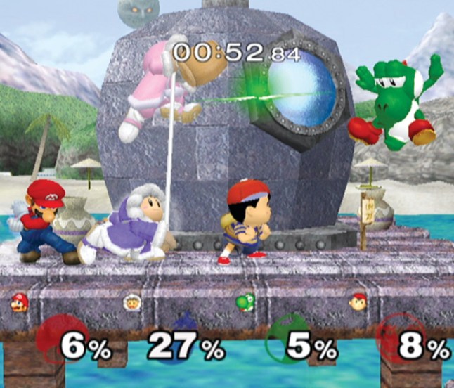 Mario, the Ice Climbers, Ness, and Yoshi fighting in Super Smash Bros. Melee