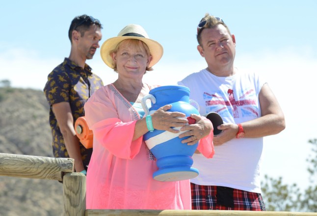 Television Programme: Benidorm with Paul Bazely as Troy, Janine Duvitski as Jacqueline Stewart and Tony Maudsley as Kenneth Du Beke. From TigerAspect Productions BENIDORM SERIES 8 Monday 11th January 2016 on ITV Pictured: (l-r) Troy (Paul Bazely) Jacqueline Stewart (Janine Duvitski) and Kenneth Du Beke (Tony Maudsley). Jacqueline has returned to Benidorm to scatter Donalds ashes helped by Troy and Kenneth. We?re back in Benidorm for more fun, sun and sangria! Tiger brings a friend along and a new family are on holiday at the Solana. Joyce Temple-??Savage is desperate for new staff, who will come to her rescue? Guest stars Robin Askwith. ? TigerAspect For further information please contact: SHANE CHAPMAN 0207 157 3043 shane.chapman@itv.com This photograph is (C) ITV Plc and can only be reproduced for editorial purposes directly in connection with the programme or event mentioned above, or ITV plc. Once made available by ITV plc Picture Desk, this photograph can be reproduced once only up until the transmission [TX] date and no reproduction fee will be charged. Any subsequent usage may incur a fee. This photograph must not be manipulated [excluding basic cropping] in a manner which alters the visual appearance of the person photographed deemed detrimental or inappropriate by ITV plc Picture Desk. This photograph must not be syndicated to any other company, publication or website, or permanently archived, without the express written permission of ITV Plc Picture Desk. Full Terms and conditions are available on the website www.itvpictures.com