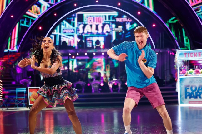 For use in UK, Ireland or Benelux countries only BBC handout photo of Jamie Borthwick and Michelle Tsiakkas, during their appearance on the live show of Saturday's Strictly Come Dancing show on BBC1. Picture date: Saturday October 12, 2024. PA Photo. See PA story SHOWBIZ Strictly. Photo credit should read: Guy Levy/BBC/PA Wire NOTE TO EDITORS: Not for use more than 21 days after issue. You may use this picture without charge only for the purpose of publicising or reporting on current BBC programming, personnel or other BBC output or activity within 21 days of issue. Any use after that time MUST be cleared through BBC Picture Publicity. Please credit the image to the BBC and any named photographer or independent programme maker, as described in the caption.