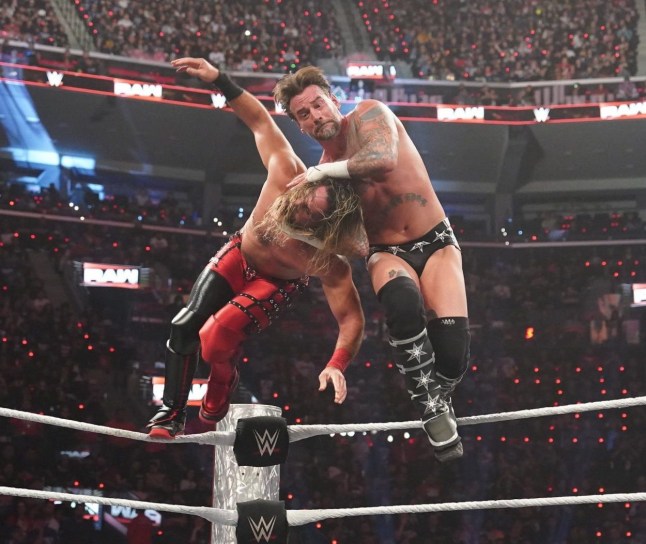 INGLEWOOD, CALIFORNIA - JANUARY 06: CM Punk and Seth Rollins in action during Monday Night RAW at Intuit Dome on January 6, 2025 in Inglewood, California. (Photo by WWE/Getty Images)