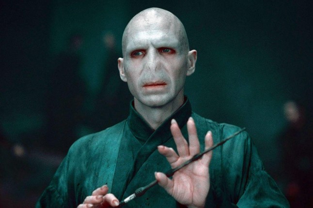 Ralph Fiennes as Voldemort holding a wand in Harry Potter