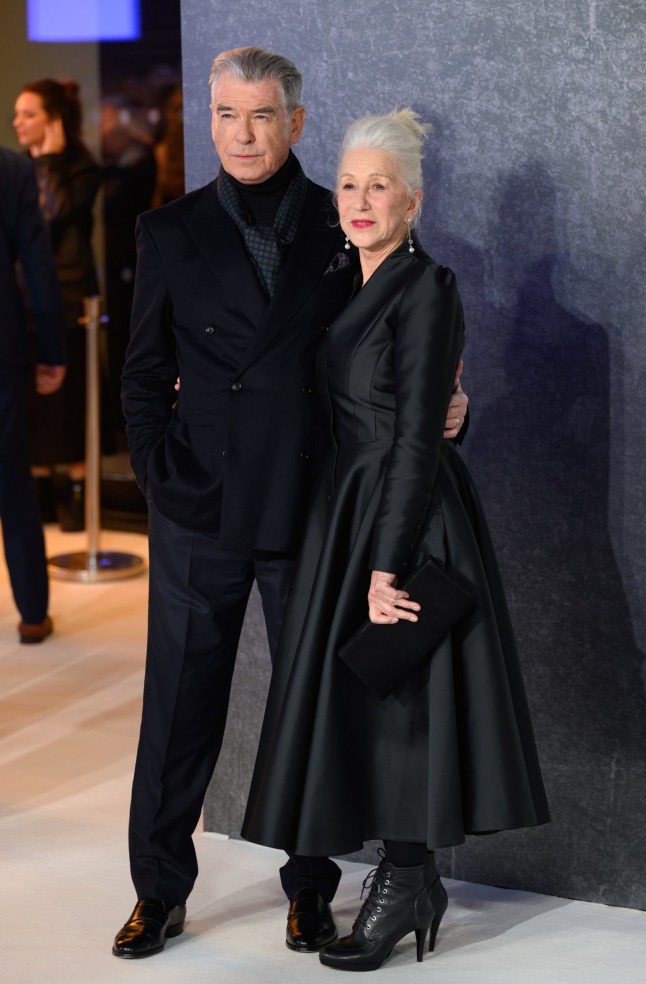 LONDON, ENGLAND - MARCH 27: Pierce Brosnan and Dame Helen Mirren attend the "MobLand" Global Premiere at the Odeon Luxe Leicester Square on March 27, 2025 in London, England. (Photo by Karwai Tang/WireImage)