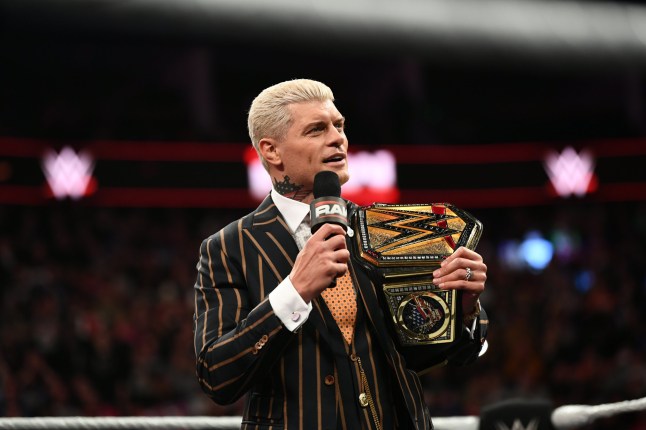 LONDON, ENGLAND - MARCH 31: Undisputed WWE Champion Cody Rhodes addresses the crowd during Monday Night RAW at The O2 Arena on March 31, 2025 in London, England. (Photo by Andrew Timms/WWE via Getty Images)