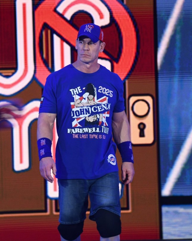LONDON, ENGLAND - MARCH 31: John Cena makes his entrance during Monday Night RAW at The O2 Arena on March 31, 2025 in London, England. (Photo by Andrew Timms/WWE via Getty Images)