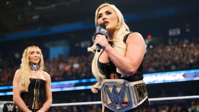 Tiffany Stratton and Charlotte Flair arguing on WWE SmackDown