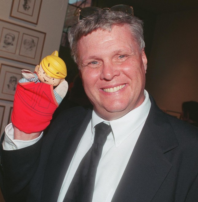 374901 01: 4/17/99 Los Angeles, CA. "Dennis The Menace" TV star Jay North holding a Dennis puppet celebrates its 50th anniversary of the cartoon strip at the Every Picture Tells A Story art gallery. Photo David Keeler/Online USA, Inc.
