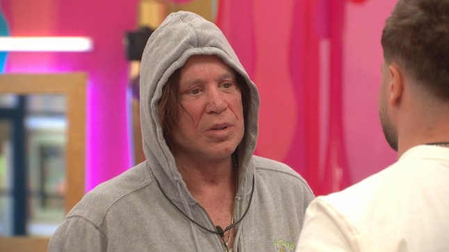 EDITORIAL USE ONLY Mandatory Credit: Photo by Shutterstock for Big Brother (15245965b) Mickey Rourke talks to Chris Hughes 'Celebrity Big Brother' TV Show, Series 2, Episode 3, London, UK - 09 Apr 2025