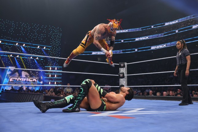 SEATTLE, WASHINGTON - APRIL 11: Rey Fenix in action against Berto during SmackDown at Climate Pledge Arena on April 11, 2025 in Seattle, Washington. (Photo by Eric Johnson/WWE via Getty Images)