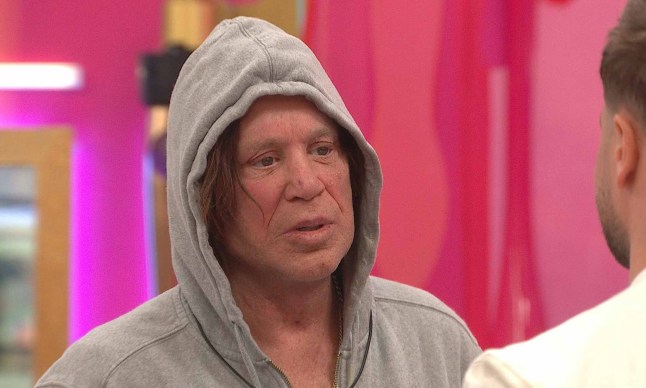 Mickey Rourke in grey hoodie talks to Chris Hughes 'Celebrity Big Brother'