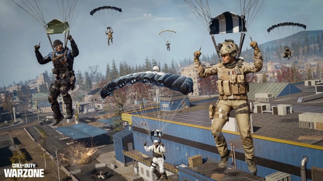 Call of Duty Warzone soldiers parachuting into the Verdansk map