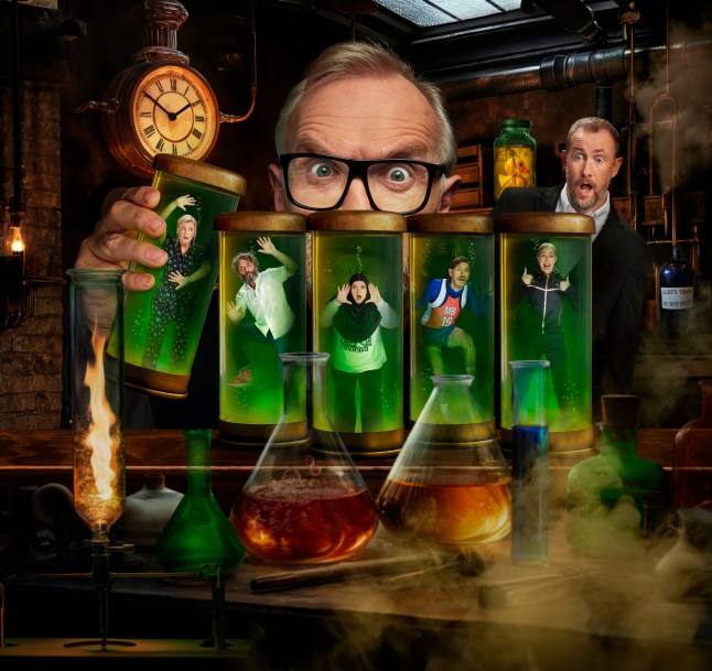 Alex Horne, Greg Davies, (L-R): Rosie Ramsey, Jason Mantzoukas, Fatiha El-Ghorri, Mathew Baynton and Stevie Martin