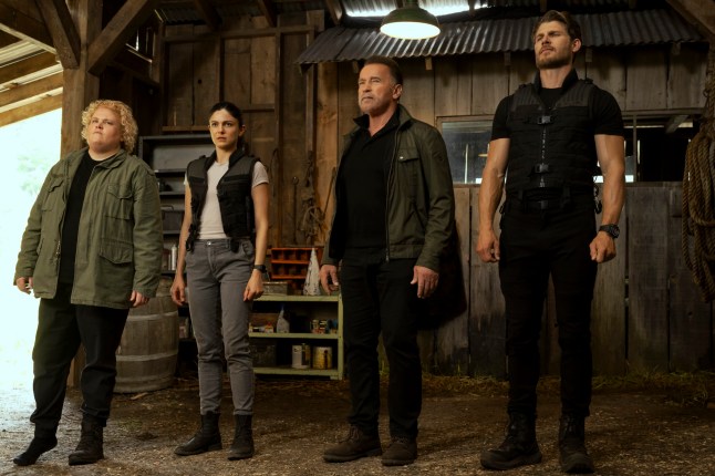 Fortune Feimster as Roo Russell, Monica Barbaro as Emma Brunner, Arnold Schwarzenegger as Luke Brunner, Travis Van Winkle as Aldon Reece in Fubar