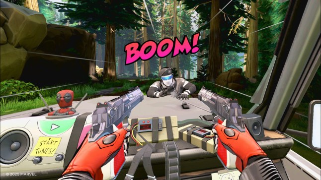 Gameplay screenshot of car crash in Marvel's Deadpool VR