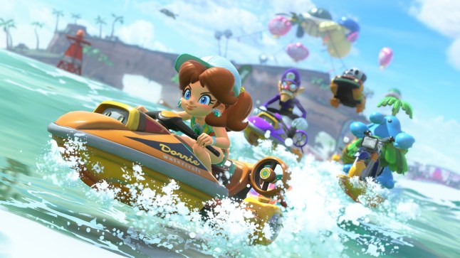 Mario Kart World screenshot of Daisy racing on the water