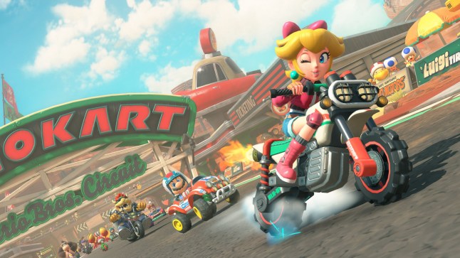 Mario Kart World screenshot of Peach racing on a motorbike