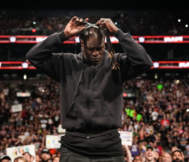 PHOENIX, ARIZONA - JUNE 9: R-Truth cuts his hair during Monday Night RAW at PHX Arena on June 9, 2025 in Phoenix, Arizona. (Photo by Rich Freeda/WWE via Getty Images)
