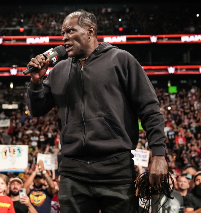 PHOENIX, ARIZONA - JUNE 9: R-Truth thanks the crowd during Monday Night RAW at PHX Arena on June 9, 2025 in Phoenix, Arizona. (Photo by Rich Freeda/WWE via Getty Images)