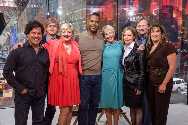 NEW YORK, NY - APRIL 30: AJ Calloway (4th L) poses with (L-R) Matthew Labyorteaux, Michael Landon, Jr., Alison Arngrim, Karen Grassle, Melissa Sue Anderson, Dean Butler, and Lindsay Greenbush of 'Little House On The Prairie' during their visit to "Extra" at their New York studios at H&M in Times Square on April 30, 2014 in New York City. (Photo by D Dipasupil/Getty Images for Extra)