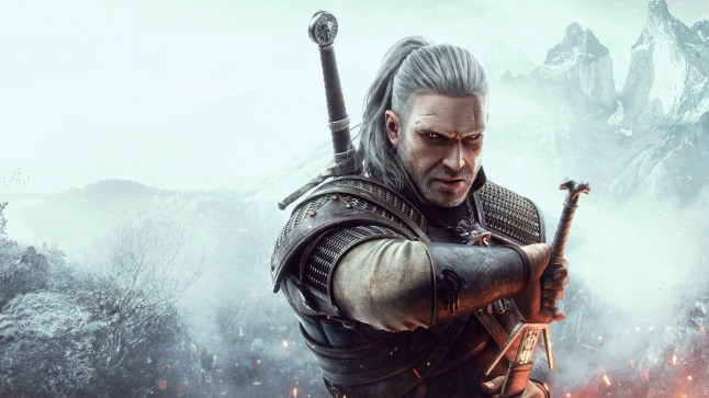 The Witcher 3 key art showing Geralt pulling out a sword