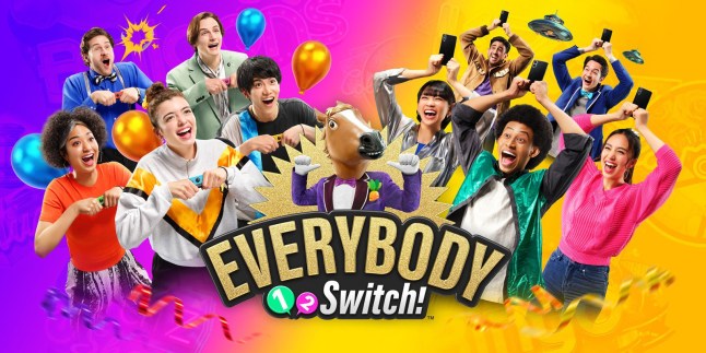 Everybody 1-2-Switch key art of the logo and people holding Joy-Con controllers