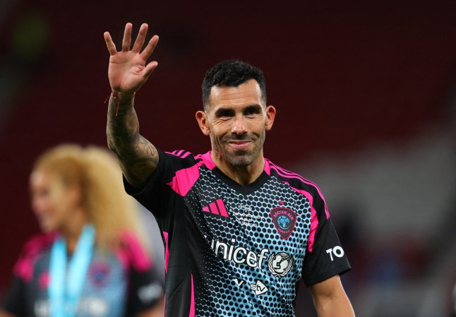 Soccer Football - Soccer Aid charity match for Unicef - Old Trafford, Manchester, Britain - June 15, 2025 Soccer Aid World XI's Carlos Tevez celebrates after winning Soccer Aid Action Images via Reuters/Ed Sykes