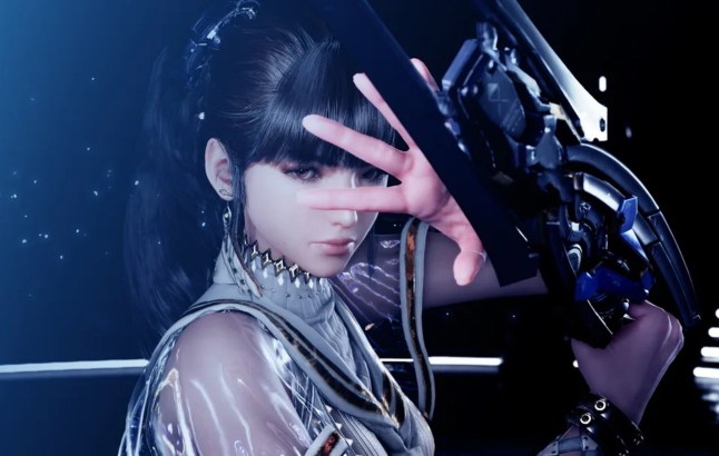 Stellar Blade's lead character Eve holding her weapon and covering her face