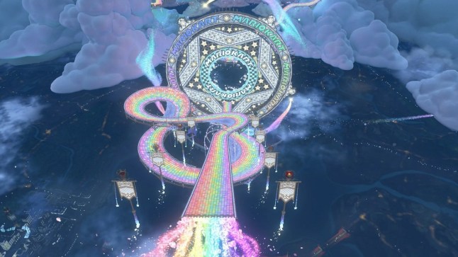 Mario Kart World overhead view of Rainbow Road