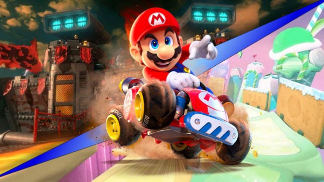 Mario racing across different tracks in Nintendo Switch 2 game Mario Kart World.