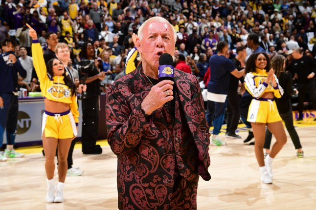 LOS ANGELES, CA - APRIL 22: Ric Flair attends a game between the Minnesota Timberwolves and the Los Angeles Lakers during Round 1 Game 2 of the 2025 NBA Playoffs on April 22, 2025 at Crypto.Com Arena in Los Angeles, California. NOTE TO USER: User expressly acknowledges and agrees that, by downloading and/or using this Photograph, user is consenting to the terms and conditions of the Getty Images License Agreement. Mandatory Copyright Notice: Copyright 2025 NBAE (Photo by Adam Pantozzi/NBAE via Getty Images)