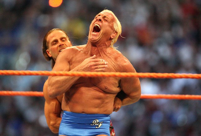 Ric Flair (front) and Shawn Michaels wrestle in the Career Threatening Match at WrestleMania XXIV at the Citrus Bowl on Sunday, March 30, 2008, in Orlando, Florida. (Photo by Jacob Langston/Orlando Sentinel/MCT via Getty Images)