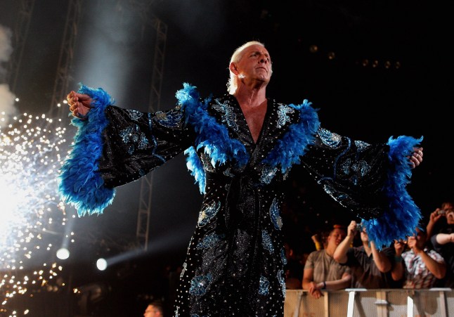 MELBOURNE, AUSTRALIA - NOVEMBER 21: Hulk Hogan's opponent Ric Flair is greeted by the crowd during Hulk Hogan's Hulkamania Tour at Rod Laver Arena on November 21, 2009 in Melbourne, Australia. (Photo by Mark Dadswell/Getty Images)